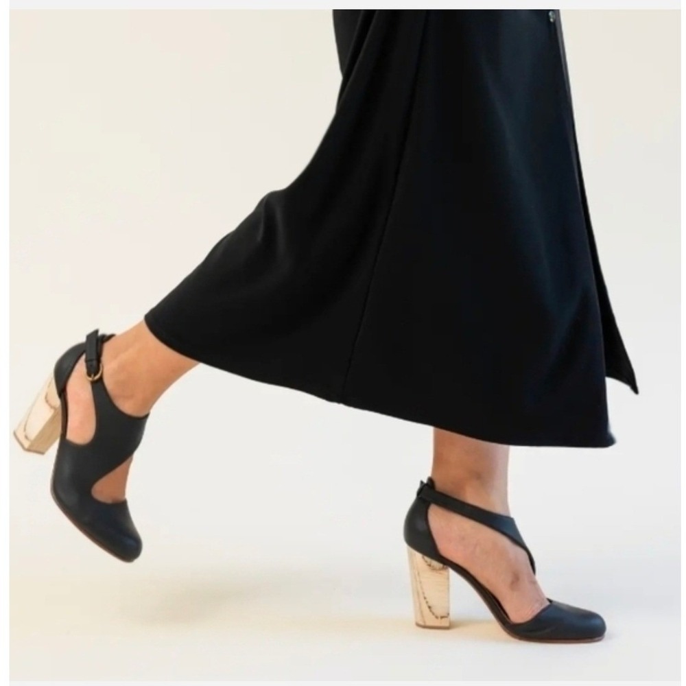 Fortress Luna Nya Black Leather Cutout Wood Block Heel Pumps Shoes Women 41